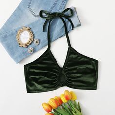 Короткий однотонный бархатный топ с круглым вырезом Shein
