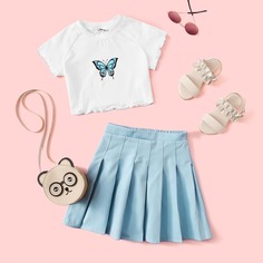 Плиссированная юбка и футболка с принтом бабочки для девочек Shein