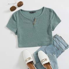 Пуговица Одноцветный Повседневный Футболки Shein