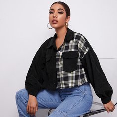 Однобортная вельветовая куртка в клетку с карманом Shein