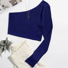 Вязаная короткая футболка в рубчик на одно плечо Shein
