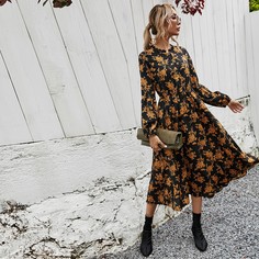 Платье-рубашка с цветочным принтом, пуговицами и кружевной отделкой Shein