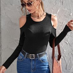 трикотажный Одноцветный Элегантный Футболки Shein