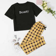 с бантом Клетка милый Пижама Shein