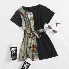 с поясом Растения Повседневный Платья для девочек Shein