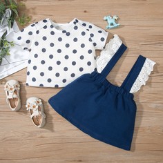 Топ в горошек и юбка на подтяжках для девочек Shein