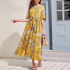 Платье-рубашка с цветочным принтом и поясом Shein