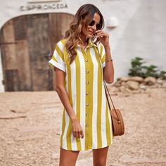 Двухцветное платье-рубашка в полоску на пуговицах без пояса Shein