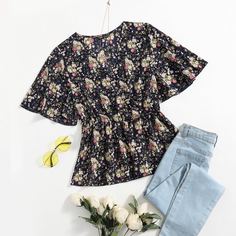 С оборками Цветочный Бохо Блузы Shein