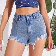 Карман Одноцветный Джинсовые шорты Shein