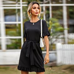 Однотонное платье с оригинальным рукавом и поясом Shein