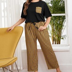 Пижама в клетку с карманом размера плюс Shein