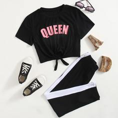 Топ с текстовым принтом и леггинсы для девочек Shein