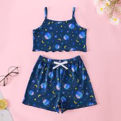 с бантом Принт космос милый Домашняя одежда для девочек Shein
