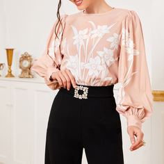 Топ с цветочным принтом и рукавами-фонариками Shein