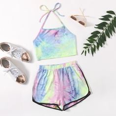 Топ-халтер и шорты с принтом тай-дай Shein
