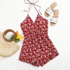 С оборками цветочный Бохо Комбинезоны Shein