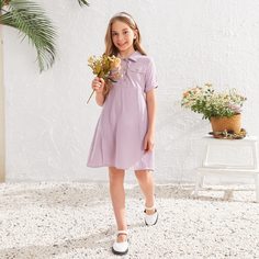 Пуговица Одноцветный Повседневный Платья для девочек Shein