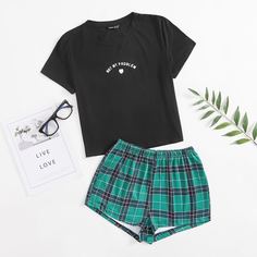 Пижама в клетку с текстовым принтом Shein