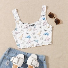 Укороченный топ с динозаврами и вырезом из салата на воротнике Shein