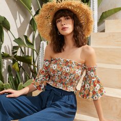 Короткий топ с открытыми плечами и цветочным принтом Shein
