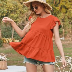 с оборками Одноцветный Бохо Блузы Shein