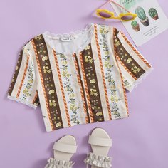 Контрастные кружева Цветочный Повседневный Футболки для девочек Shein