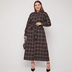 с поясом Клетчатый Повседневный Платья размер плюс Shein