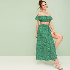 Топ с открытым плечом, цветочным принтом и юбка с разрезом Shein
