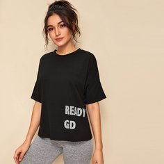 Футболка с принтом слогана и заниженной линией плеч Shein
