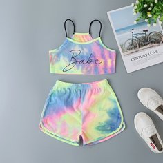 Разноцветные шорты и майка с текстовым принтом для девочек Shein