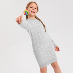 Клетка Повседневный Трикотажные платья для девочек Shein