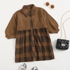 Пуговица Клетка Повседневный Трикотажные платья для девочек Shein