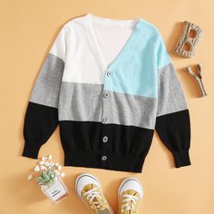 на пуговицах Контрастный цвет Повседневный Кардиганы для мальчиков Shein