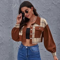 Короткая вельветовая куртка в клетку Shein