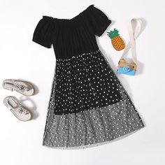 Платье с открытыми плечами и принтом сердечка для девочек Shein