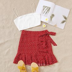 Короткий топ и юбка на запах с сердечным принтом Shein
