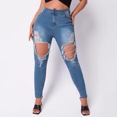 на пуговицах Одноцветный Джинсы размер плюс Shein