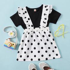 Футболка и юбка на лямках в горошек для девочек Shein