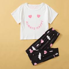 Пижама с принтом сердечка для девочек Shein