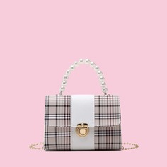 Сумка-сэтчел в клетку с искусственным жемчугом Shein