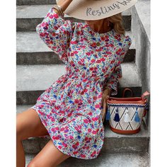 Платье на кулиске с цветочным принтом и пышным рукавом Shein