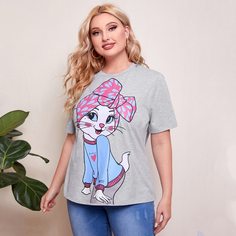 Мультяшный принт Повседневный Футболка размера плюс Shein