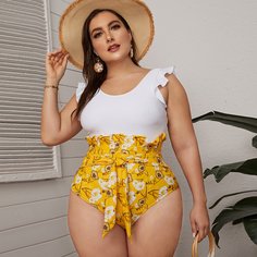 Слитный купальник размера плюс с узлом и цветочным принтом Shein