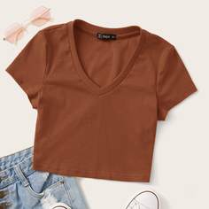 Трикотажная короткая футболка с v-образным воротником Shein