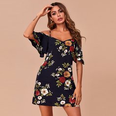 Платье с открытыми плечами и цветочным принтом Shein