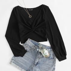 Однотонный трикотажный топ с драпировкой Shein