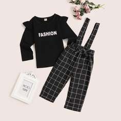 Топ с текстовым принтом и брюки в клетку с бантом для девочек Shein