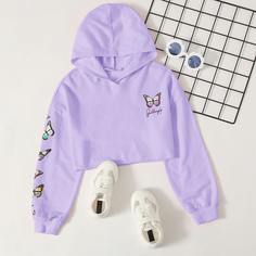 Толстовка с текстовым принтом и бабочкой для девочек Shein
