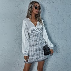 с жемчугом Клетка Элегантный Платья Shein